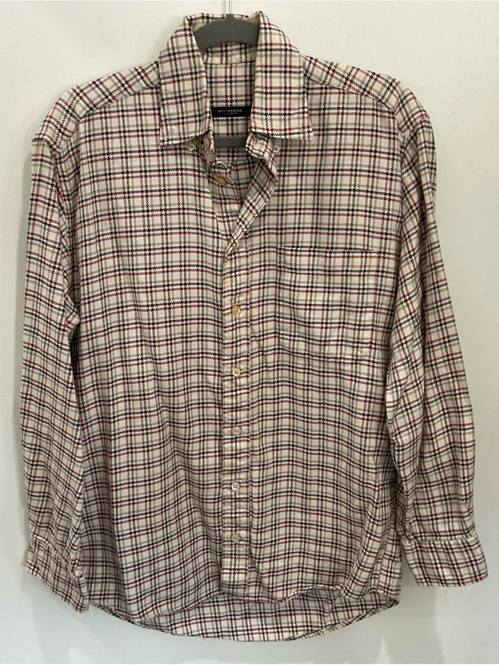 Burberry Cream Plaid Button-Down Shirt with Red & Black Checks size Medium